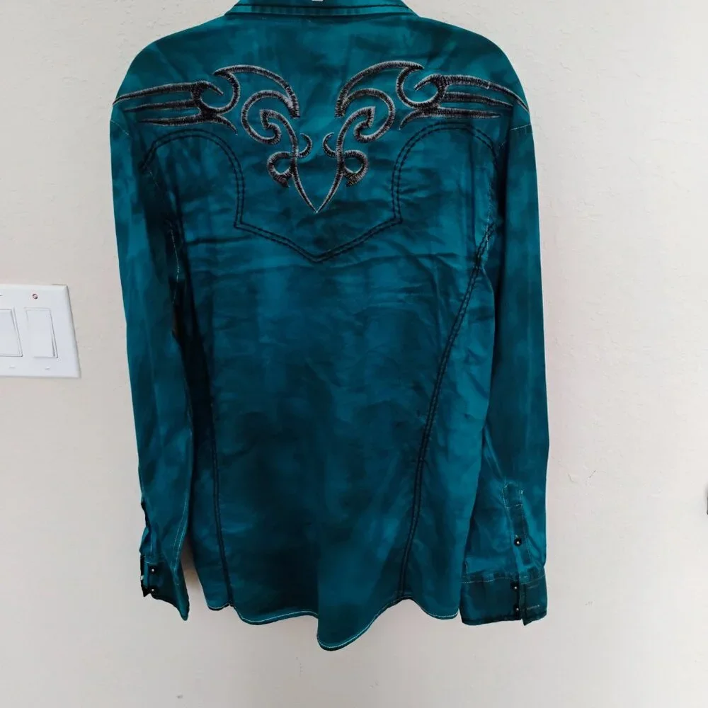 Roar Teal Embroidered Western Men's Shirt Size Medium - Picture 3 of 9